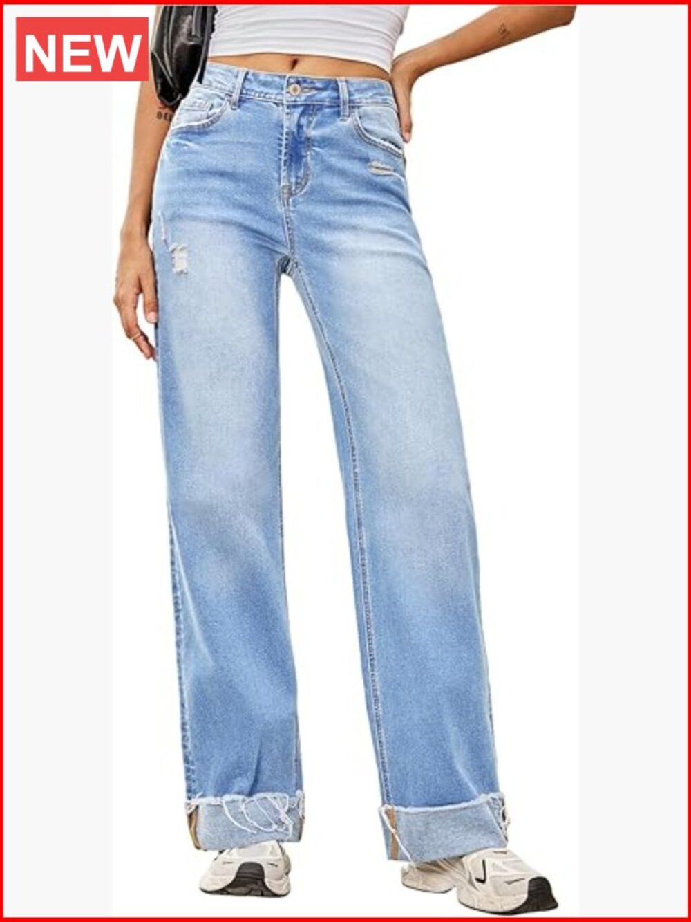 High Waisted Wide Leg Jeans Distressed Straight Leg Folded Hem Stretchy Denim - Picture 1 of 6